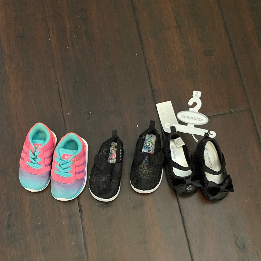 Girls size 3 Adidas Kids' Pink and Teal Sneakers, black dress shoes and sparkle
